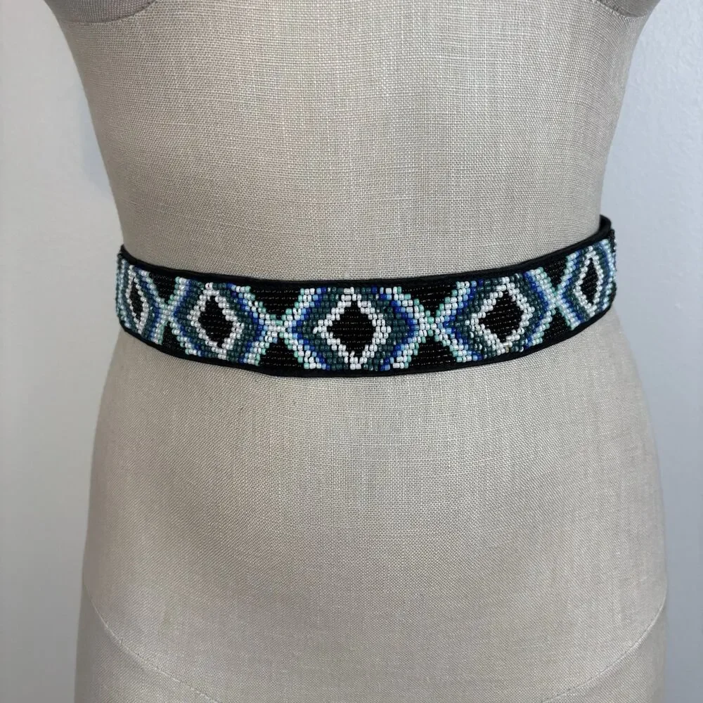 NWT WHITE HOUSE BLACK MARKET Blue & Black Beaded Tie Belt XSmall/Small $58.00